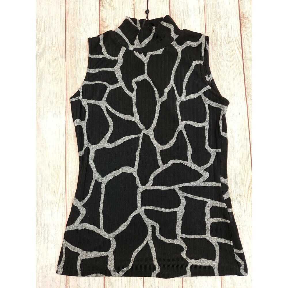 DKNY Giraffe Print Ribbed Knit Sleeveless Turtleneck Top Size XS Black